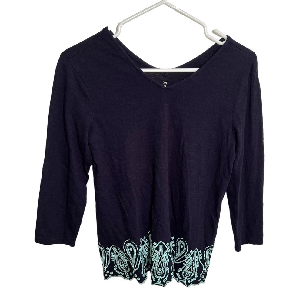 Talbots Women's Size P XS Petite Double V Embroidered Paisley Top Navy Blue Teal